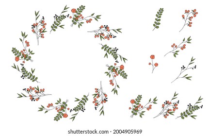 Decorative wreath of bouquets and elements of flowers and plants in doodle style. Hand drawing. Isolated object on a white background.