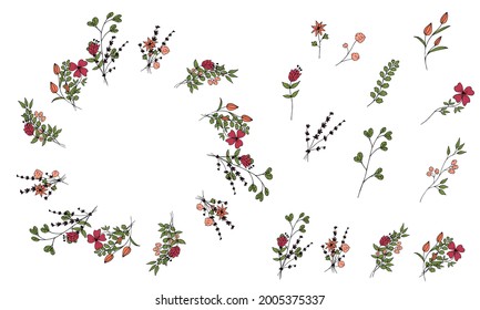 Decorative wreath of bouquets and elements of flowers and plants in doodle style. Hand drawing. Isolated object on a white background.