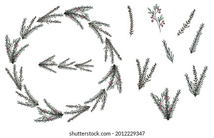 Dekorativer Kranz aus Bouquets und Blumen- und Pflanzenelementen im Doodle-Stil. Handzeichnung. Einziger Gegenstand auf weißem Hintergrund.