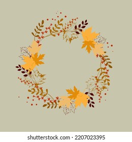 Decorative wreath with branches and maple leaves. Autumn design for cards, banners, polygraphy, wall decor.