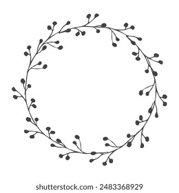 A decorative wreath of branches, a simple hand-drawn drawing, a frame for decorating invitations, postcards and prints, winter decor, Scandinavian style.