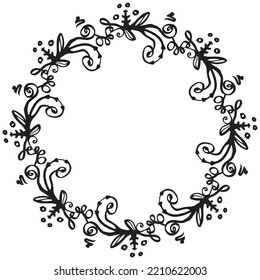 Decorative wreath from branches and swirls. Vector doodles, black lines on white.