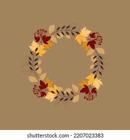 Decorative wreath with branches, viburnum and maple leaves. Autumn design for cards, banners, polygraphy, wall decor.
