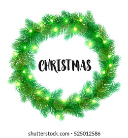 Decorative wreath of Christmas lights garland decoration. Christmas tree wreath of of pine, fir, spruce branches. Merry Christmas bow door decoration design element with texture