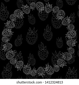 Decorative wreath of contour raspberry on a black background.Layered vector file.White contour drawing of raspberry. For cards, invitations, brochures, business cards, restaurant menu.