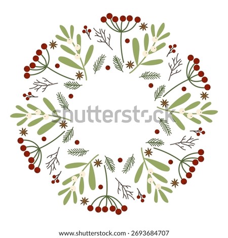 Decorative wreath design featuring holly, mistletoe, and berries for festive occasions and seasonal celebrations