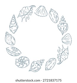 Diseño de corona decorativa con concha de mar en estilo de arte de línea. Perfecto para la vida marina y el concepto de océano para la tarjeta de verano.