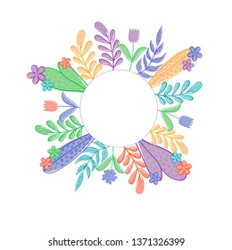 Decorative wreath with different flowers and leaves