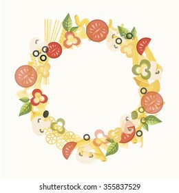 Decorative wreath with different types of pasta and vegetables, ingredients.