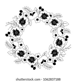 Decorative wreath of flowers, leaves and berries. Floral frame. Vector illustration in black and white colors.