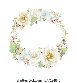 Decorative wreath with flowers Roses white color, Wax flowers, green leaves and inflorescence Hydrangea. Floral vector illustration in vintage watercolor style.