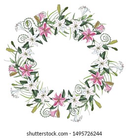 Decorative wreath frame of realistic red, pink and white lilies. Vintage doodle style. Hand drawing. Isolated element on a white background.