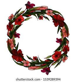 Decorative wreath of gladiolus . Delicate greeting card, invitation for wedding, birthday, Easter. Place for your text. Copy space.