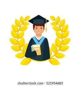 decorative wreath of gold leaves and cartoon graduate man holding a diploma over white background. colorful design. vector illustration