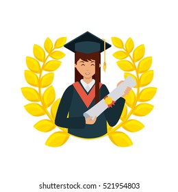 decorative wreath of gold leaves and cartoon graduate woman holding a diploma over white background. colorful design. vector illustration