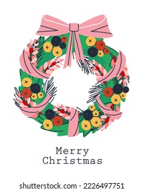 Decorative wreath of green Christmas tree branches. Decorated with pink ribbon and berries. Traditional decoration for winter holidays. Flat vector illustration, eps10