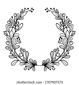 Decorative wreath of leaves and berries on a white background. Hand drawing. For design, print, embroidery, scrapbooking, forms for advertising cards or invitations. Vector illustration
