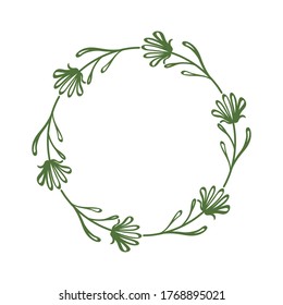 Decorative wreath of linear flowers in a circle. Floral border of twigs and leaves of abstract flowers. Elegant frame in a simple, minimalist style. 
Vector illustration, contour drawing, green color