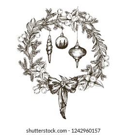 Decorative wreath made of branches and cones of pine and spruce trees hand drawn with bow and toys. Winter background. Monochrome realistic vector illustration. Template greeting card with pine tree