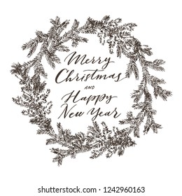 Decorative wreath made of branches and cones of pine and spruce trees hand drawn with contour lines. Winter background. Monochrome realistic vector illustration. Template greeting card with pine tree