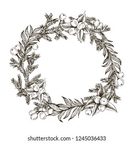 Decorative wreath made of branches and cones of pine and spruce trees hand drawn with contour lines. Winter background. Monochrome realistic vector illustration. Template greeting card with pine tree