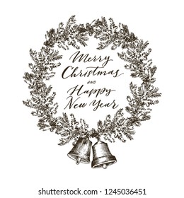 Decorative wreath made of branches and cones of pine and spruce trees hand drawn with bells. Winter background. Monochrome realistic vector illustration. Template greeting card with pine tree branches