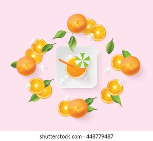 Decorative wreath made of orange fruit slices, green leaves and ice cubes surrounding a white ceramic square plate with glass of juice, isolated on light pink background in top view perspective