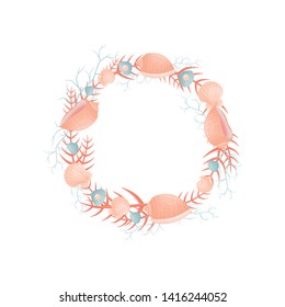 Decorative wreath of a marine theme from thin branches of pink and light blue branches with shells. Vector illustration.