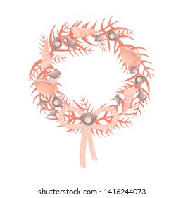 Decorative wreath of marine themes from corals and ropes. Vector illustration.