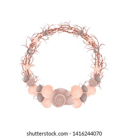 Decorative wreath of marine themes from thin branches and sea stars. Vector illustration.