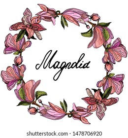 Decorative wreath of pink magnolias. Delicate greeting card, invitation for wedding and birthday. Place for your text. Copy space.