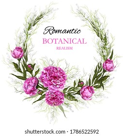 decorative wreath of pink peonies, eucalyptus leaves with a place for the text. hand-drawn realistic flowers, in the style of doodling. vector illustration, decor for invitations, greetings, weddin