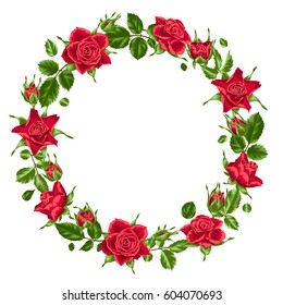 Decorative wreath with red roses. Beautiful realistic flowers, buds and leaves.