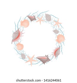 Decorative wreath of sea subjects light blue and pink colors. Vector illustration.