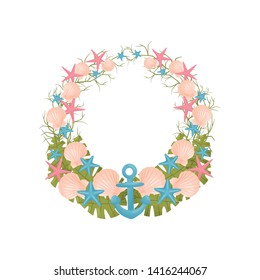 Decorative wreath of sea thematic blue, pink and green colors. Vector illustration.