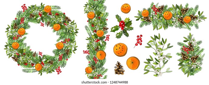 Decorative wreath, seamless border and set of traditional Christmas symbols. Hand drawing vector illustration.  Round frame for cards and winter design.