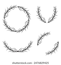 Decorative wreath set. Black branches design. Vector illustration. White background.