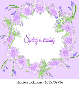 Decorative wreath of spring flowers, text Spring is coming. Vector drawing for the design of postcards, posters, invitations, advertising, stickers, advertising.