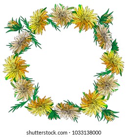 Decorative wreath of summer dandelion flowers. Vector drawing for the design of postcards, posters, invitations, advertising, stickers, advertising.