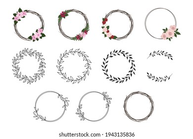 Decorative Wreath Vector Illustration Set. Wedding invitation elements, floral wreath, round border, circle. svg