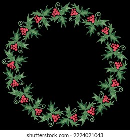 Decorative wreath from watercolor drawings of Christmas holly with red berries