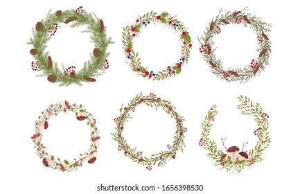Decorative Wreaths with Branches Entangled with Mushrooms, Berries and Fir Cones Vector Set