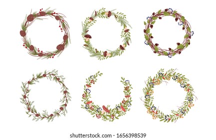 Decorative Wreaths with Branches Entangled with Mushrooms, Berries and Fir Cones Vector Set