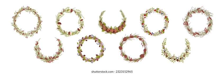 Decorative Wreaths with Branches Entangled with Mushrooms, Berries and Fir Cones Vector Set