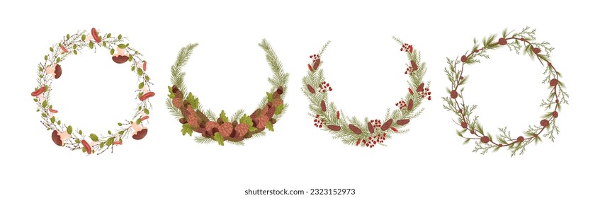 Decorative Wreaths with Branches Entangled with Mushrooms, Berries and Fir Cones Vector Set