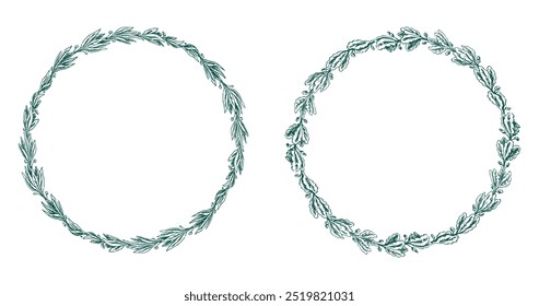 Decorative wreaths of drawn laurel and oak leaves, circle frames, decor greeting cards, vector illustration