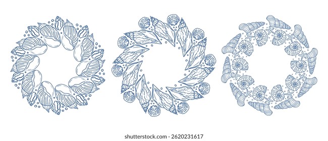 Decorative wreaths featuring seashells and starfish in coastal design elements