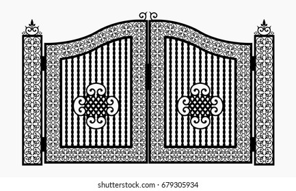 Decorative wrought fences and gates vector set. Black gate fence frame illustration