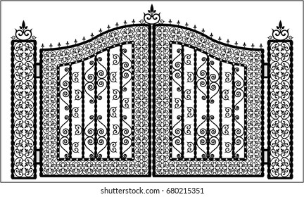 Decorative wrought fences and gates vector set. Black gate fence frame illustration