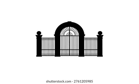 decorative wrought iron garden gate silhouette classic fence entrance black and white minimal architecture element isolated background